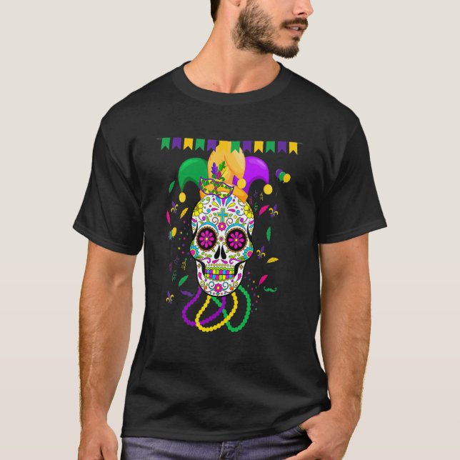 Funny Sugar Skull Carnival Mask Jester Hat Mardi G T-Shirt (Front)