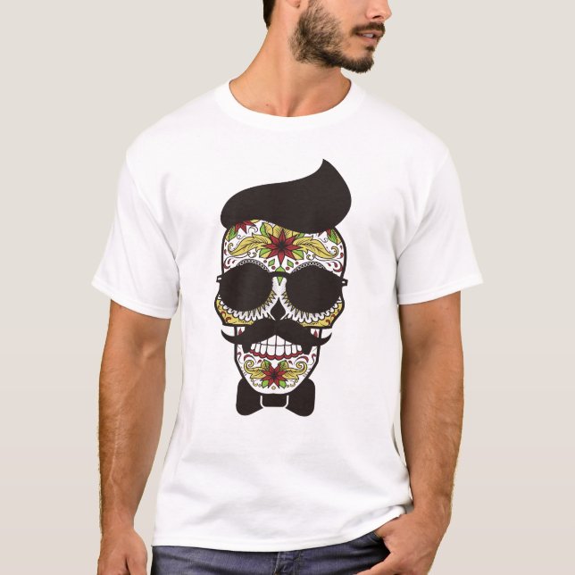 Funny Sugar Skull Hipster Mustache Nerd Halloween T-Shirt (Front)