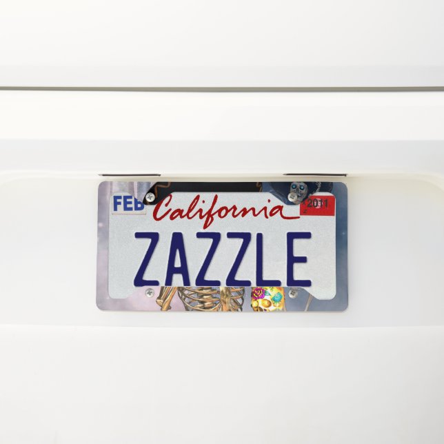 Funny sugar skull with maxican hat license plate frame (On Car)