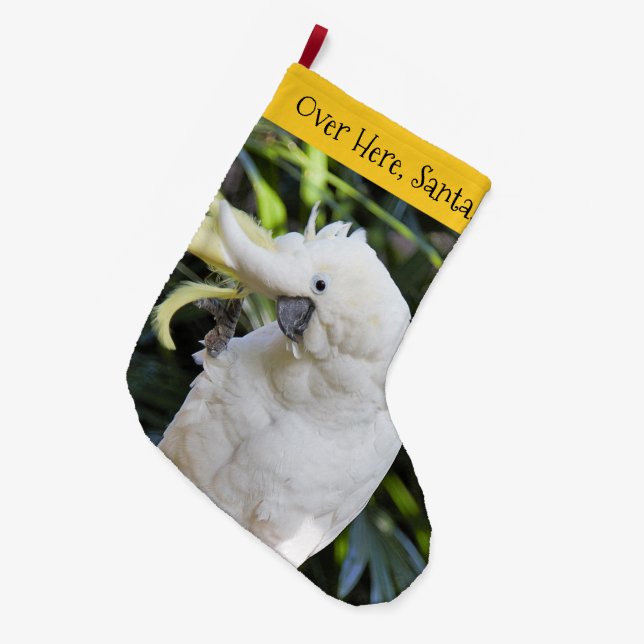 Funny Sulfur-Crested Cockatoo Parrot Bird Waves Large Christmas Stocking (Front (Hanging))