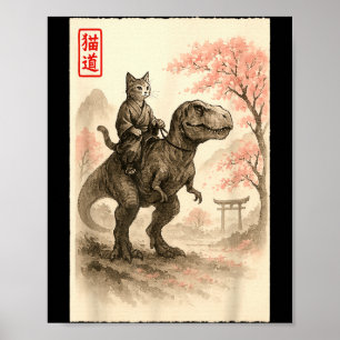 Funny Sumi-e Kawaii Cat Riding Dinosaur Japanese A Poster