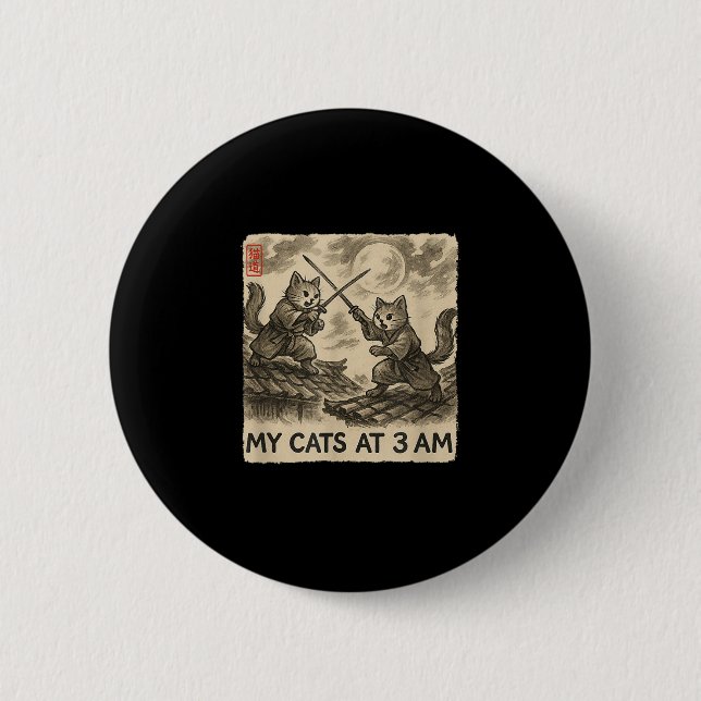 Funny Sumi-e Kawaii Ink Painting Japanese My Cats  Button (Front)