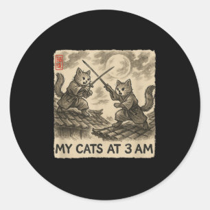 Funny Sumi-e Kawaii Ink Painting Japanese My Cats Classic Round Sticker