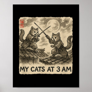 Funny Sumi-e Kawaii Ink Painting Japanese My Cats Poster