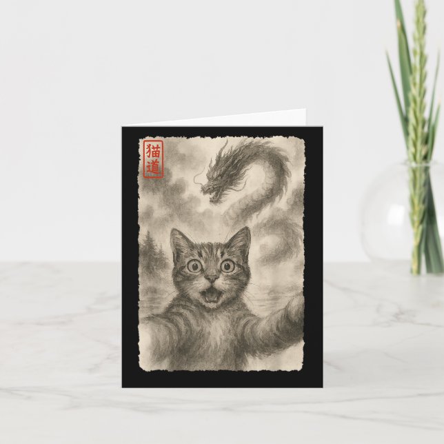 Funny Sumi-e Kawaii Surprised Scared Cat Selfie Wi Card (Front)