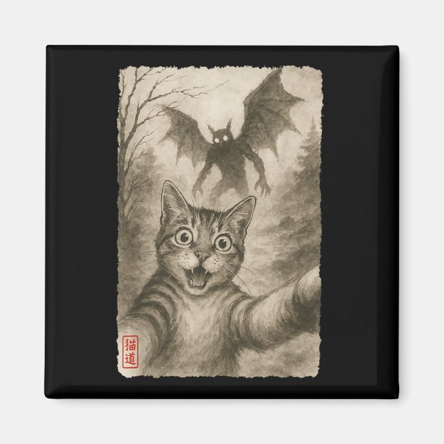 Funny Sumi-e Kawaii Surprised Scared Cat Selfie Wi Magnet (Front)