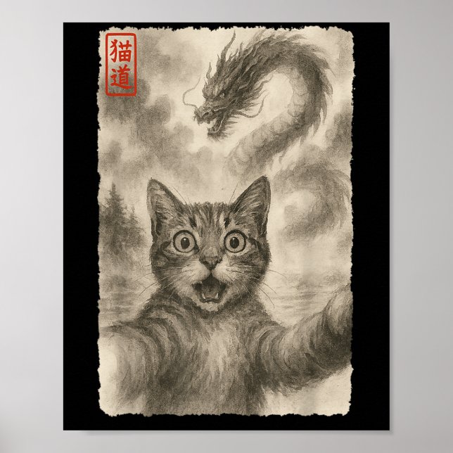 Funny Sumi-e Kawaii Surprised Scared Cat Selfie Wi Poster (Front)