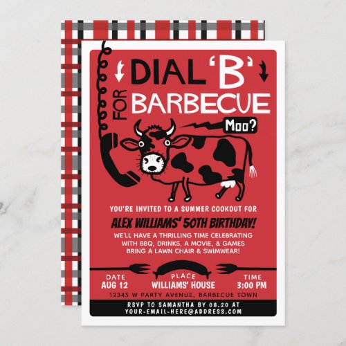 Funny Summer Barbecue Cookout  Retro 60s BBQ Cow Invitation