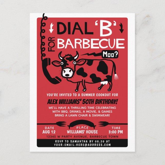 Funny Summer Barbecue Cookout | Retro 60s BBQ Cow Invitation Postcard (Front)