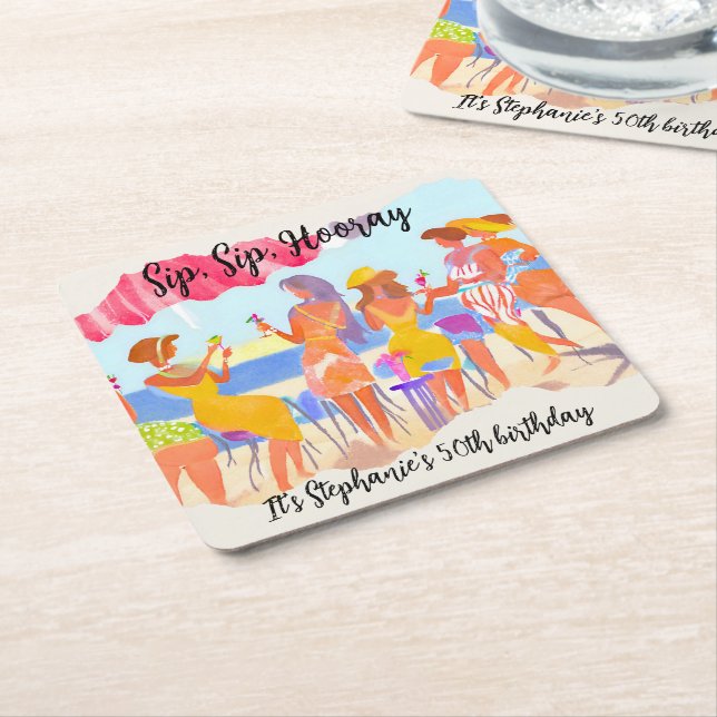 Funny Summer Beach Cocktail Women's 50th Birthday Square Paper Coaster (Angled)