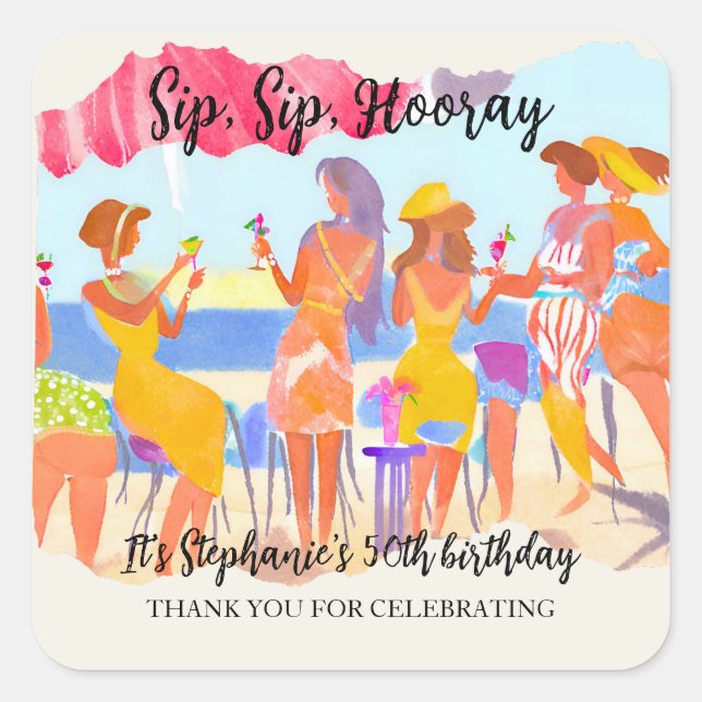 Funny Summer Beach Cocktail Women's 50th Birthday Square Sticker (Front)
