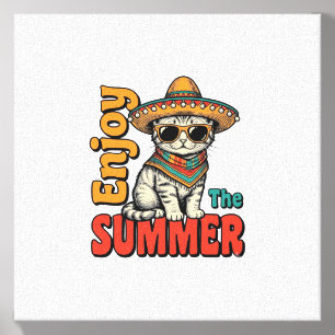 Funny Summer Cat Sombrero Vintage Engraving Design Canvas Photo Tile