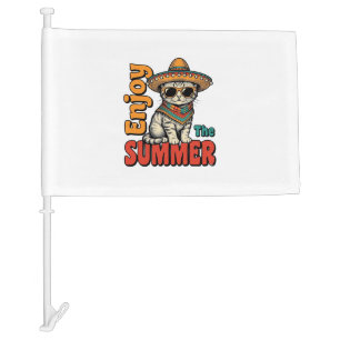 Funny Summer Cat Sombrero Vintage Engraving Design Car Flag