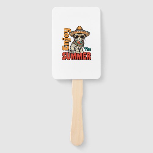 Funny Summer Cat Sombrero Vintage Engraving Design Hand Fan