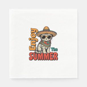 Funny Summer Cat Sombrero Vintage Engraving Design Napkins
