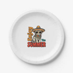 Funny Summer Cat Sombrero Vintage Engraving Design Paper Plates