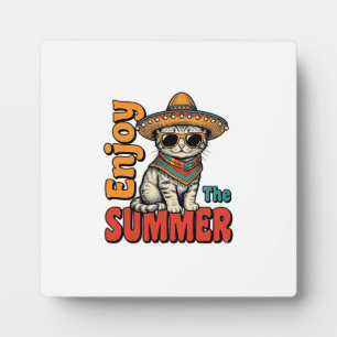 Funny Summer Cat Sombrero Vintage Engraving Design Plaque