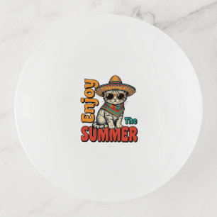 Funny Summer Cat Sombrero Vintage Engraving Design Trinket Tray