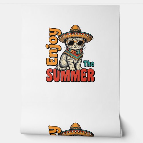 Funny Summer Cat Sombrero Vintage Engraving Design Wallpaper