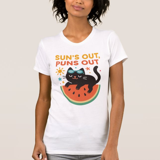 Funny Summer Cat T-Shirt – "Sun’s Out, Puns Out"  (Front)