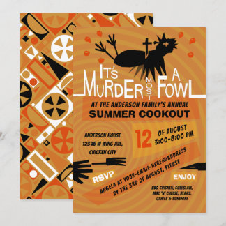 Funny Summer Cookout Chicken BBQ Retro 60s Modern Invitation