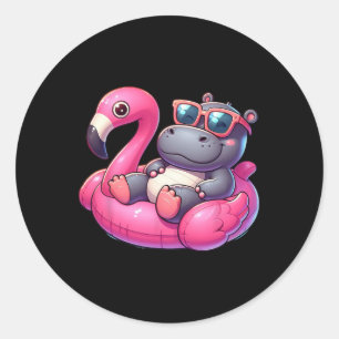 Funny Summer Hippo Pink Pool Party Hawaiian Summer Classic Round Sticker