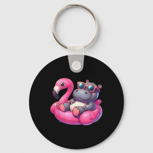 Funny Summer Hippo Pink Pool Party Hawaiian Summer Keychain