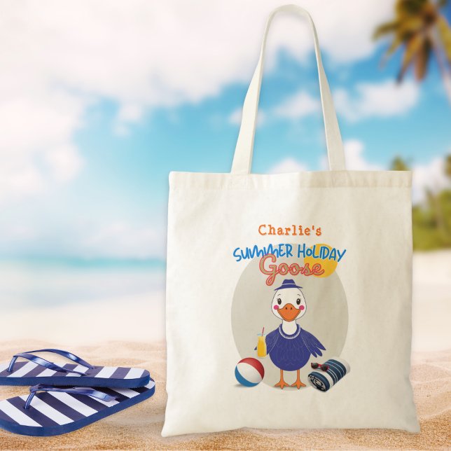 Funny Summer Holiday Silly Goose Retro Design Tote Bag (A fun tote bag with a Summer Holiday Goose design, personalized with a name)