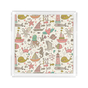 Funny Summer Pattern With Ships Acrylic Tray
