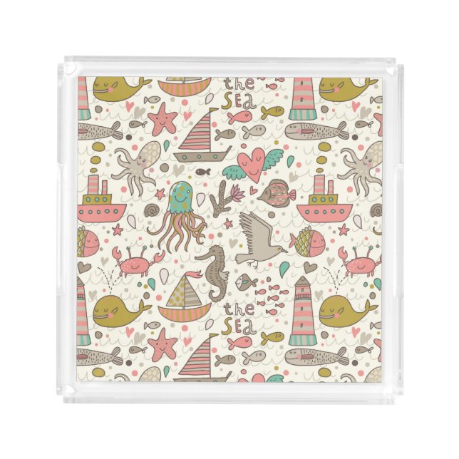 Funny Summer Pattern With Ships Acrylic Tray (Front)