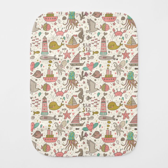 Funny Summer Pattern With Ships Baby Burp Cloth (Front)