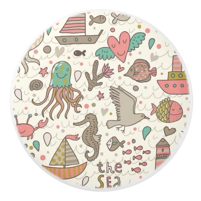Funny Summer Pattern With Ships Ceramic Knob (Front)