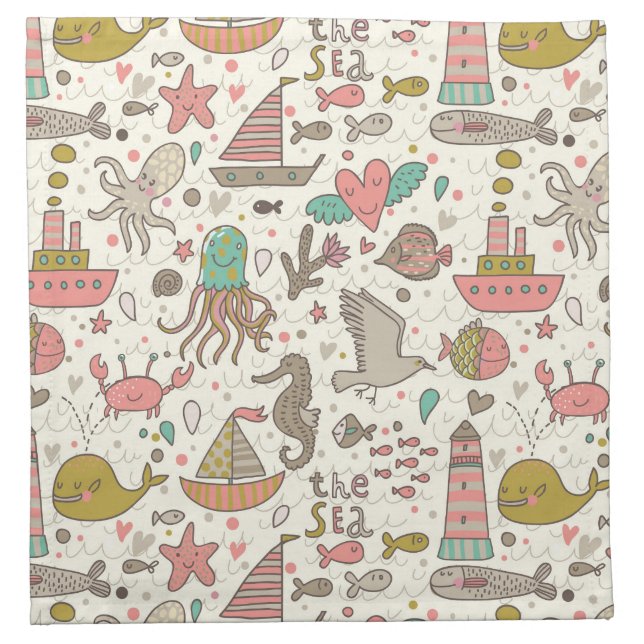 Funny Summer Pattern With Ships Cloth Napkin (Front)