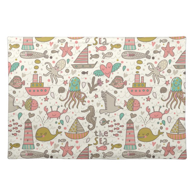 Funny Summer Pattern With Ships Cloth Placemat (Front)
