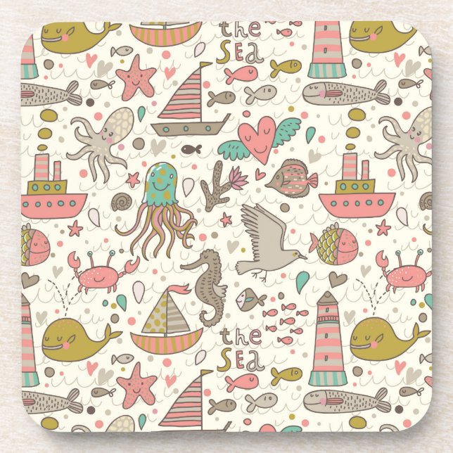 Funny Summer Pattern With Ships Drink Coaster (Front)
