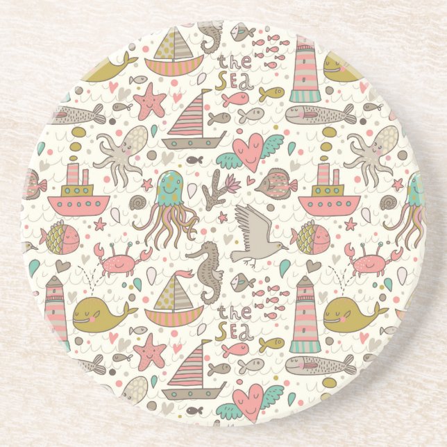 Funny Summer Pattern With Ships Drink Coaster (Front)