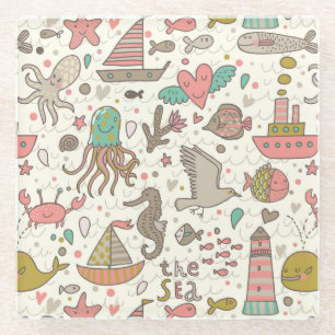 Funny Summer Pattern With Ships Glass Coaster