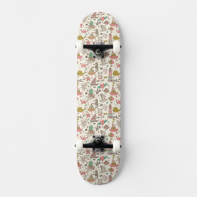 Funny Summer Pattern With Ships Skateboard (Front)