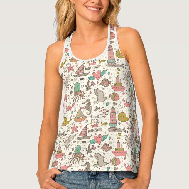 Funny Summer Pattern With Ships Tank Top (Front)