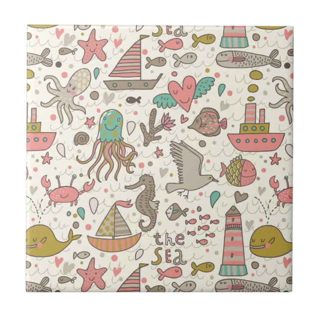 Funny Summer Pattern With Ships Tile (Front)