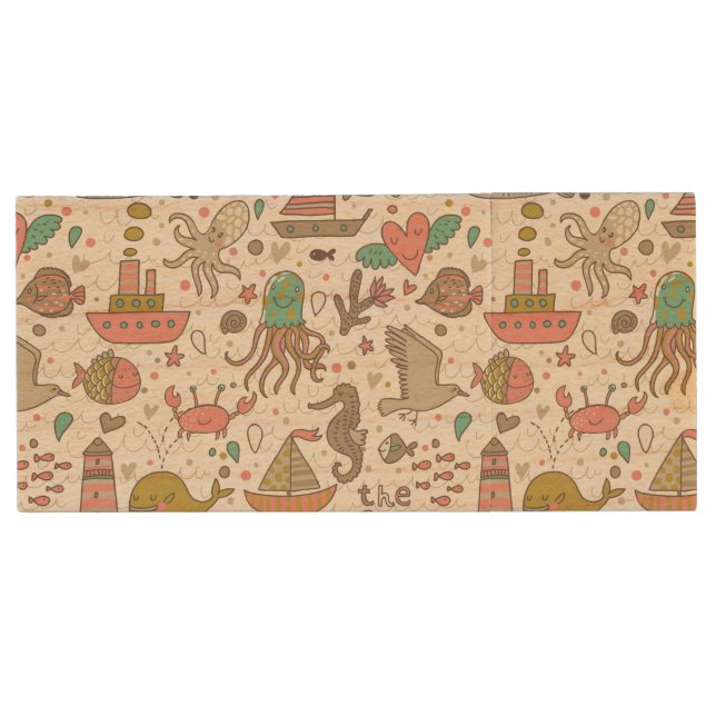 Funny Summer Pattern With Ships Wood Flash Drive (Front)