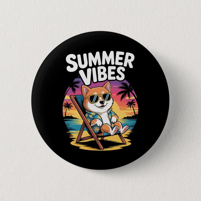 Funny Summer Shi Inu Beach Dog Vacation  Button (Front)