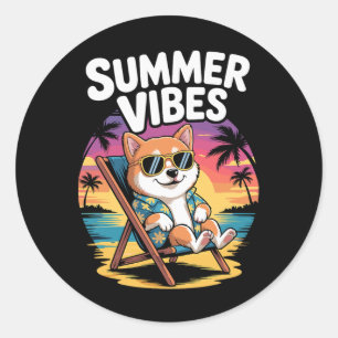 Funny Summer Shi Inu Beach Dog Vacation  Classic Round Sticker