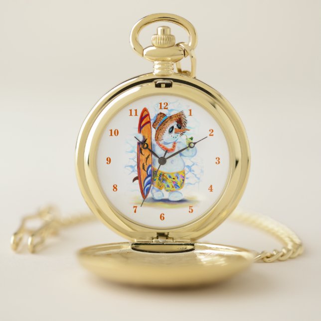 Funny Summer Snowman Surfer Drinks Fresh Cocktail  Pocket Watch (Inside)