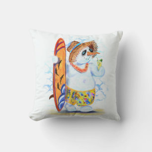 Funny Summer Snowman Surfer Drinks Fresh Cocktail Throw Pillow