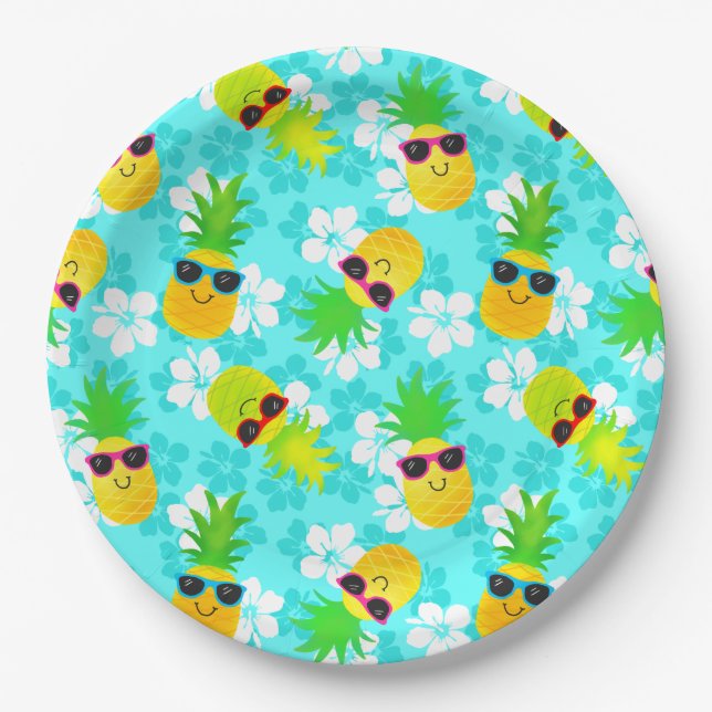 Funny Summer Tropical Pineapples Paper Plates (Front)