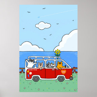 Funny Summer Vibes Cats Retro Surf Van Poster