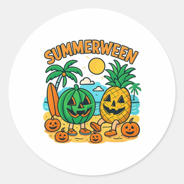 Funny Summerween Cute Watermelon And Pineapple Bea Classic Round Sticker (Front)