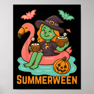 Funny Summerween Cute Witch Floating In Flamingo G Poster