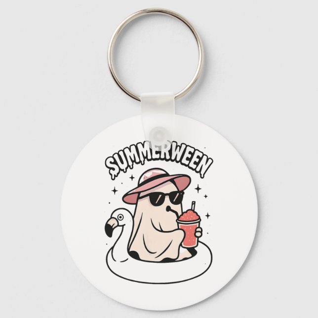 Funny Summerween Ghost Pink Floating In Flamingo C Keychain (Front)